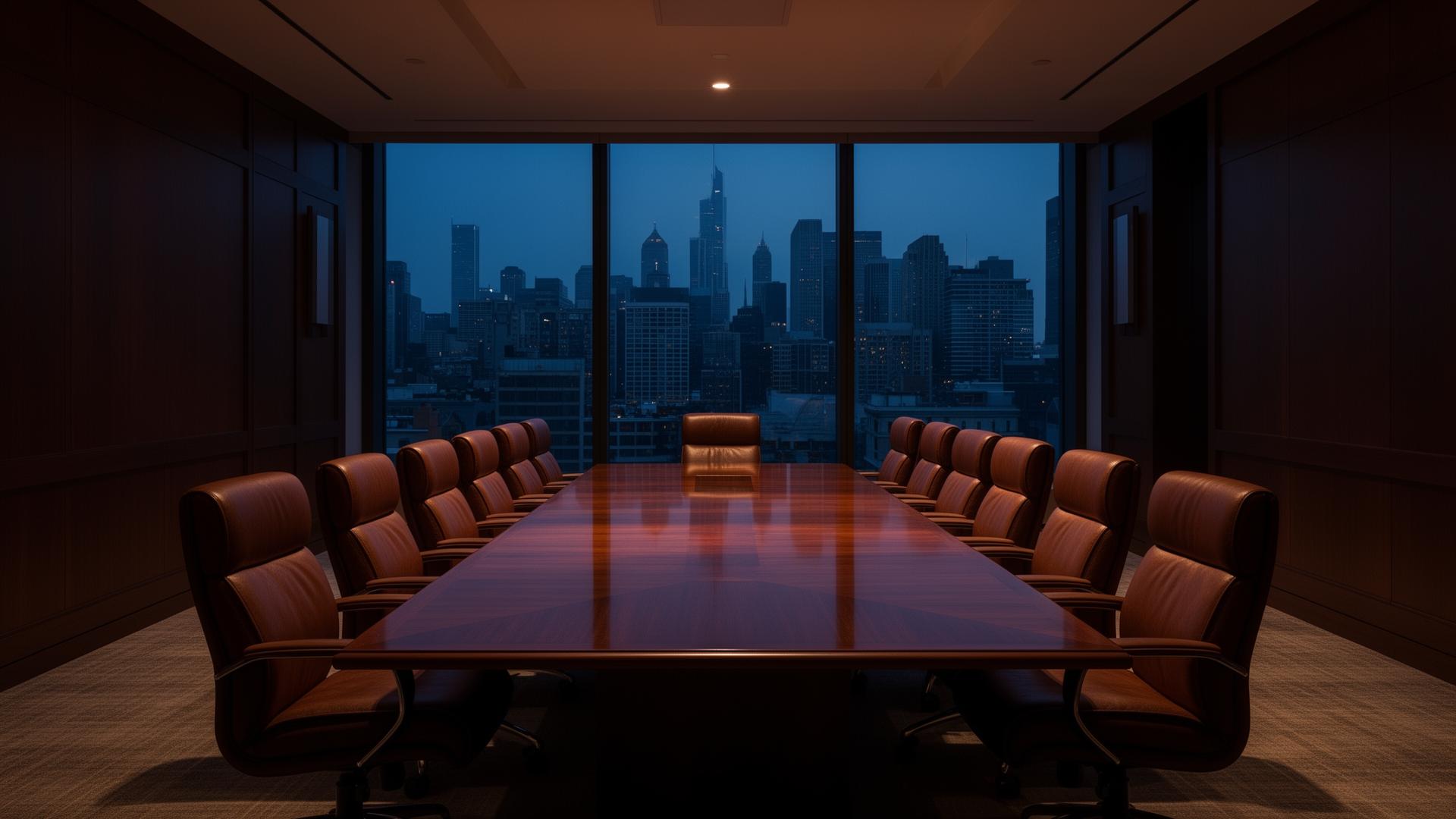 Empty corporate boardroom at dusk